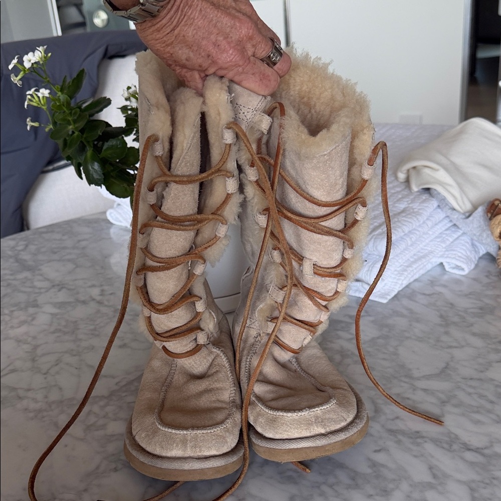 UGG Beige Lace-Up Shearling Tall Boots